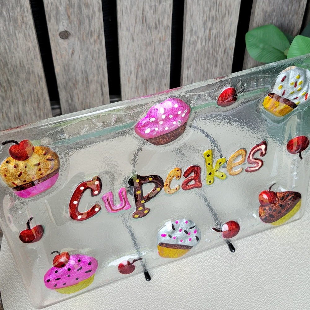 Cupcakes & Cherries Handpainted Fused Glass Rectangle Platter - Picture 8 of 8